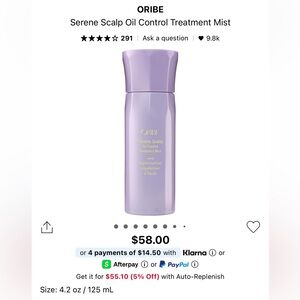 Oribe Serene Scalp Oil Control Treatment Mist New in Box Full Size $58 Retail.
